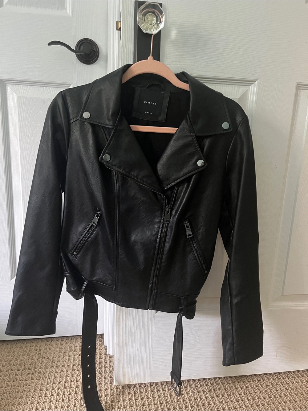Elodie Black Faux Leather Moto Jacket with Belt